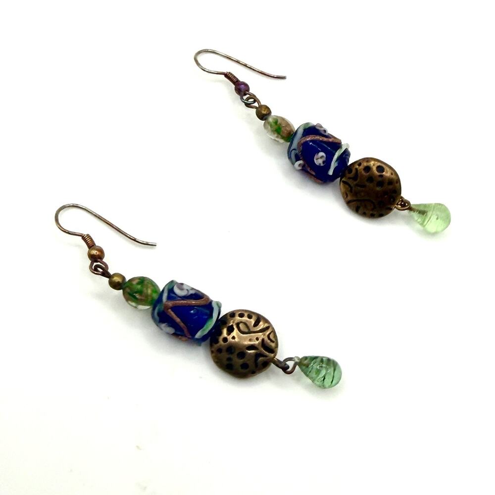 Vintage 90s Cobalt Lampwork Glass Bronze Filigree Dangle Earrings